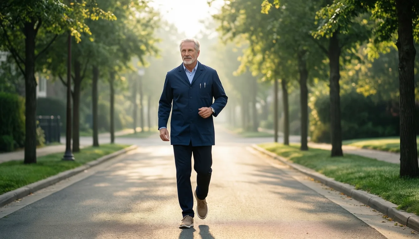 An older man walking on a tree-lined path in the morning.