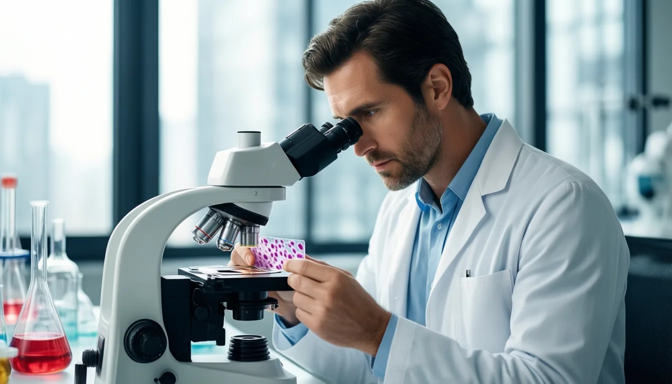 Scientist studying immune cells under a microscope in a bright laboratory