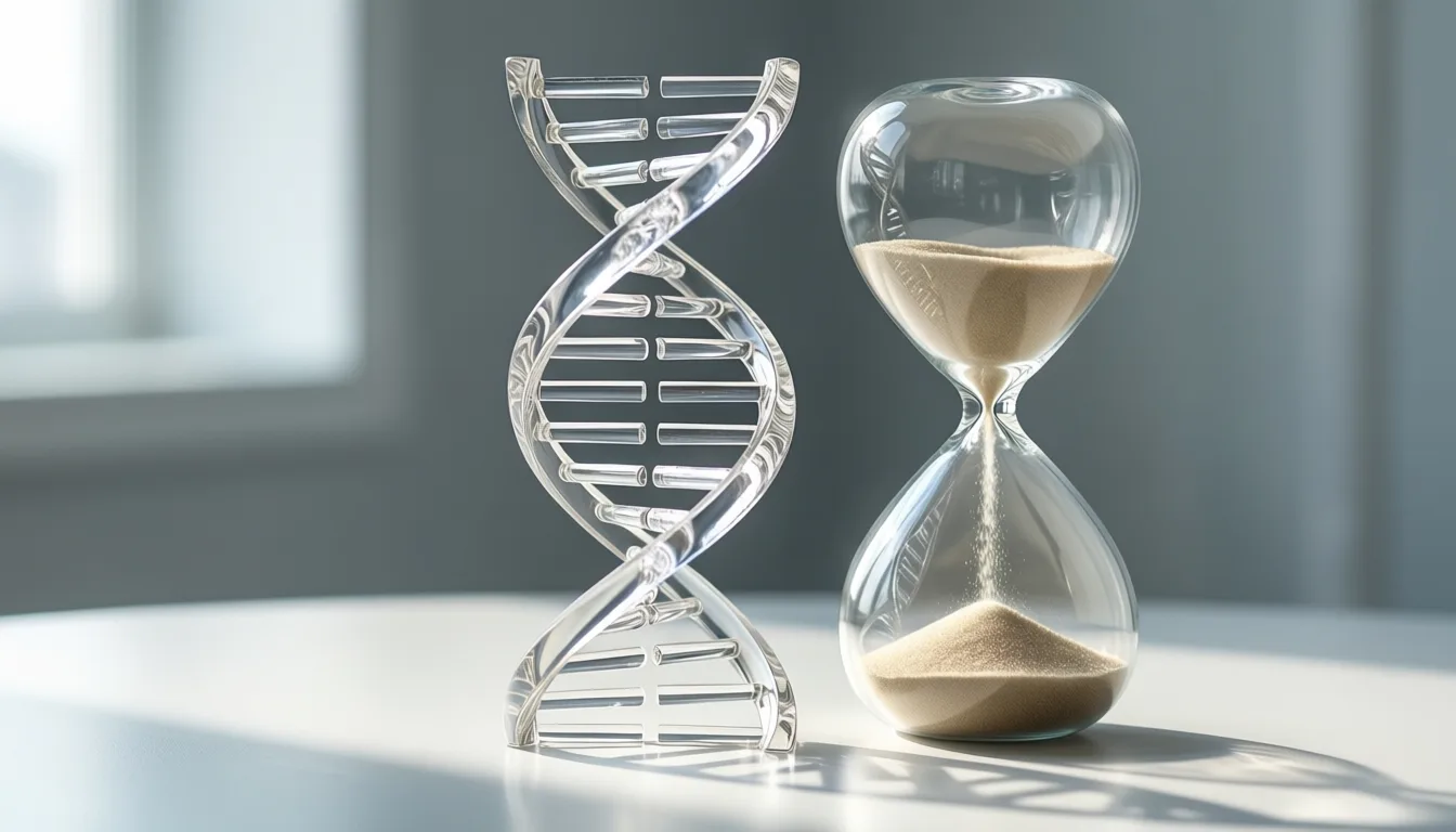 A DNA helix model beside a small hourglass.