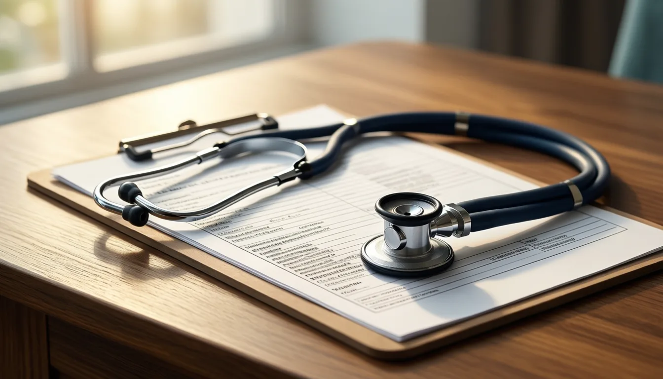 A clipboard with a lab report and a stethoscope.