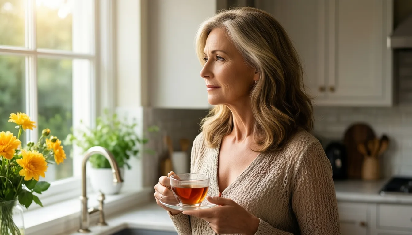 A woman in her sixties at a kitchen window holding a cup of tea