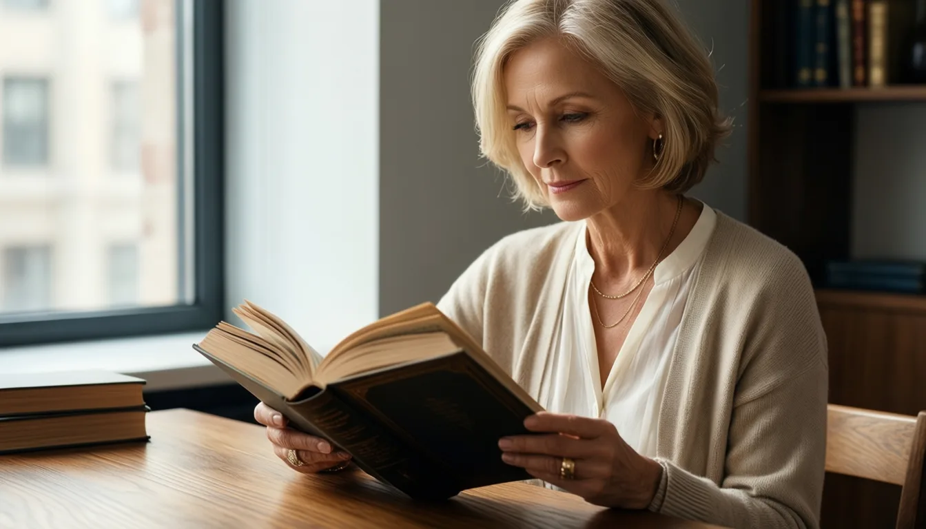 An older woman reading at a sunlit desk.
