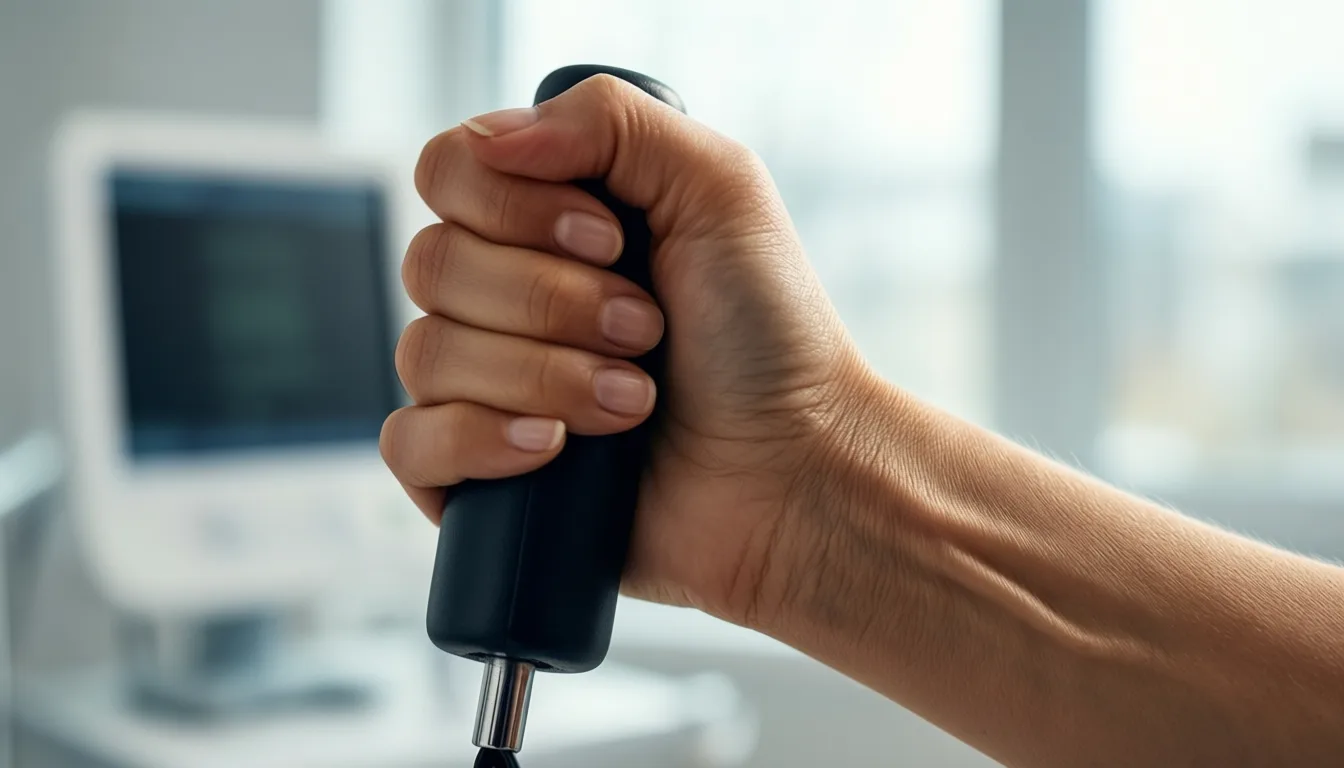 A hand squeezing a grip-strength dynamometer in a bright clinical room.