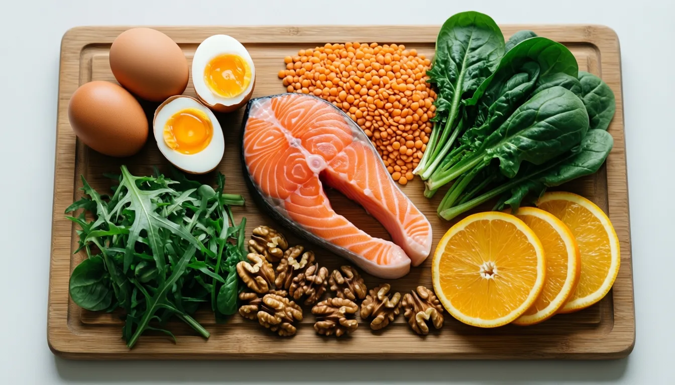 Whole foods rich in protein and vitamins arranged on a wooden board.