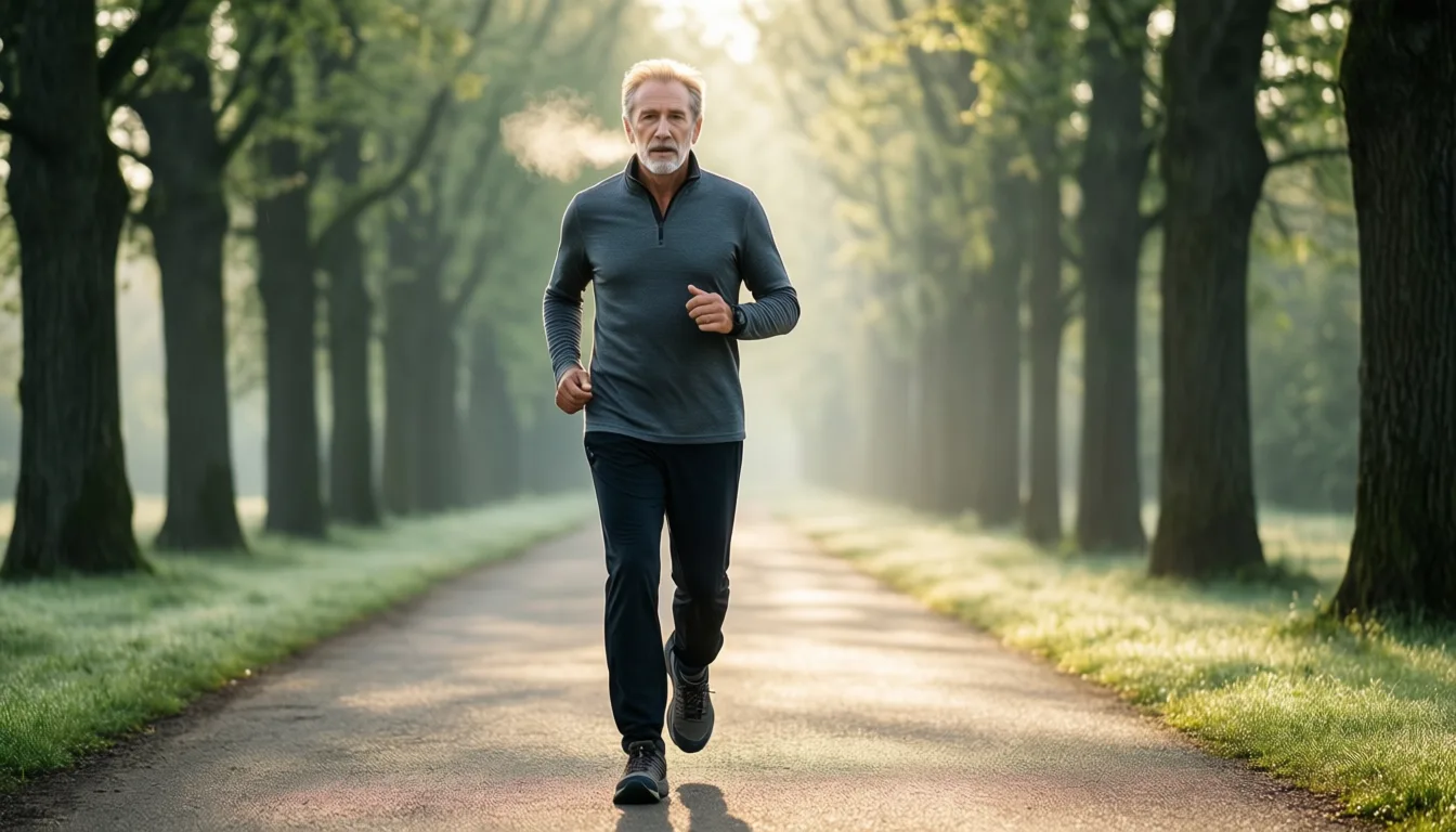 An older man walking briskly outdoors on a tree-lined path at sunrise.