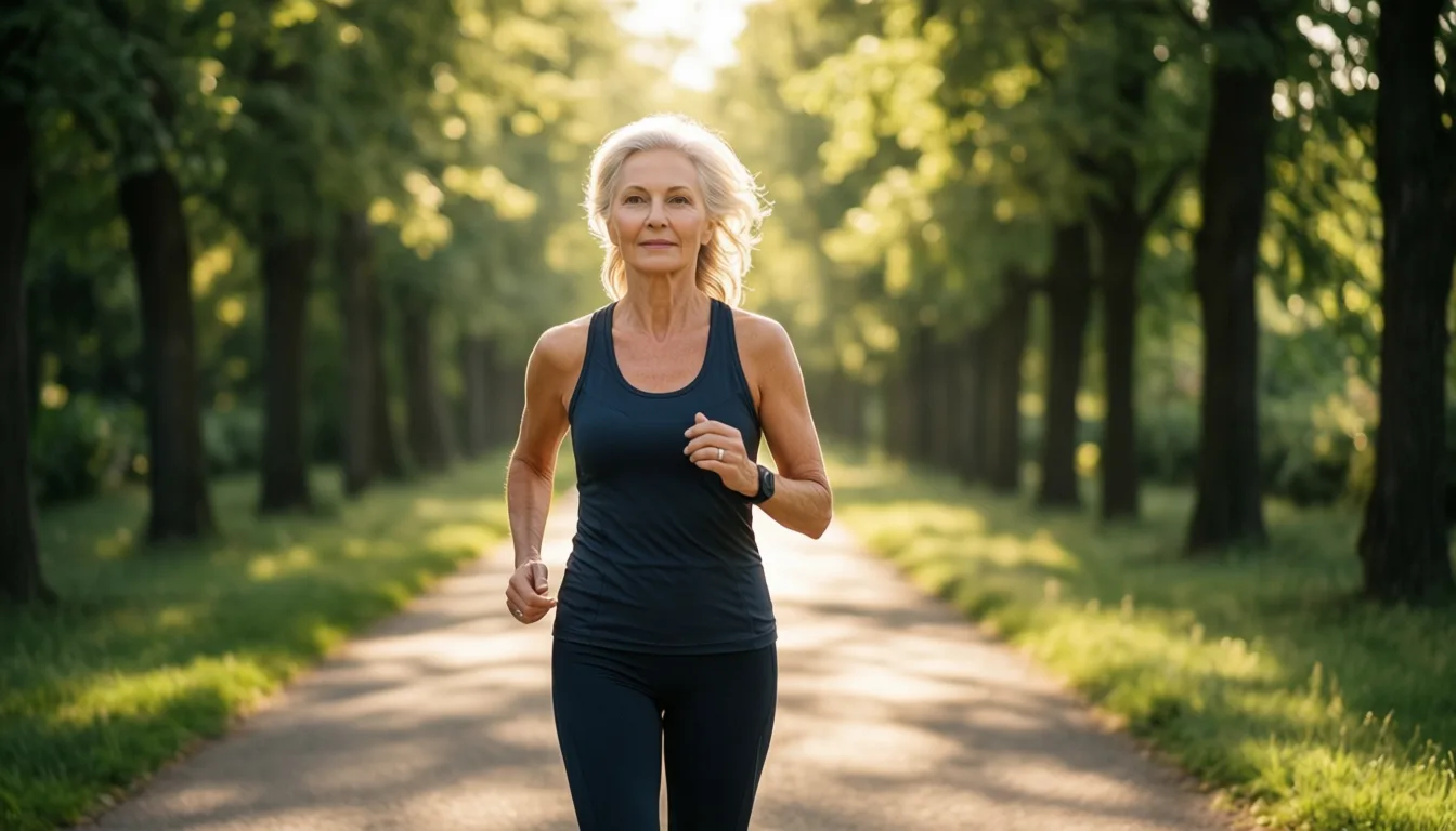 A woman in her sixties walking briskly along a tree-lined path in late-afternoon light.