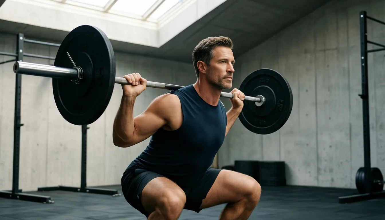 Man performing a barbell back squat in a minimalist gym