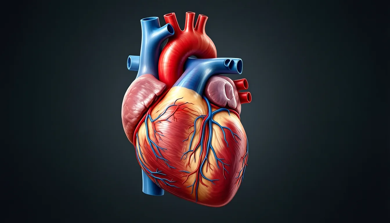 Anatomical view of a human heart and aorta on a dark background