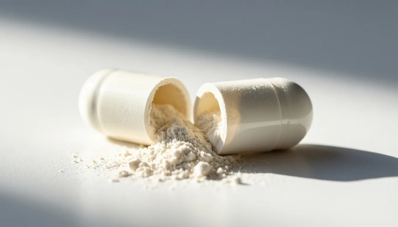 Macro photograph of a single open capsule with powder spilling out