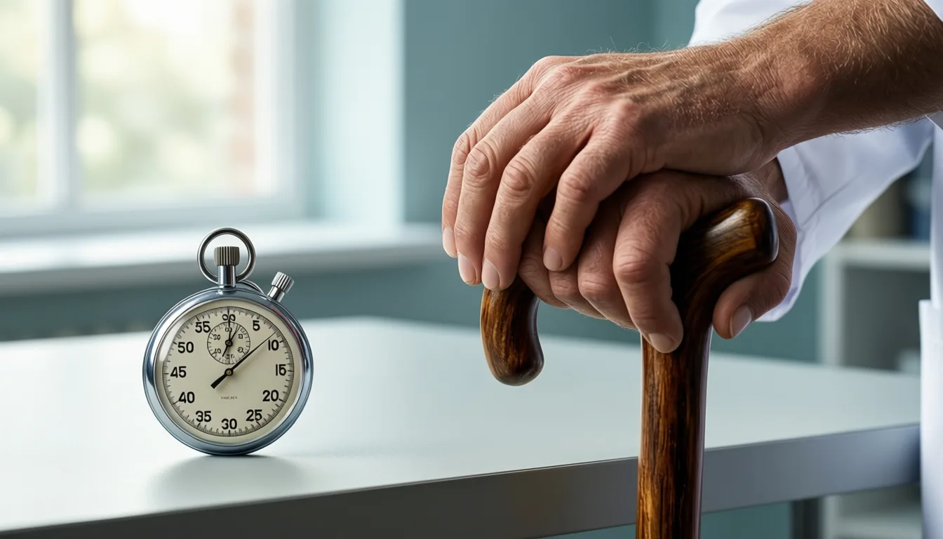 Older adult's hands resting on a cane next to a stopwatch