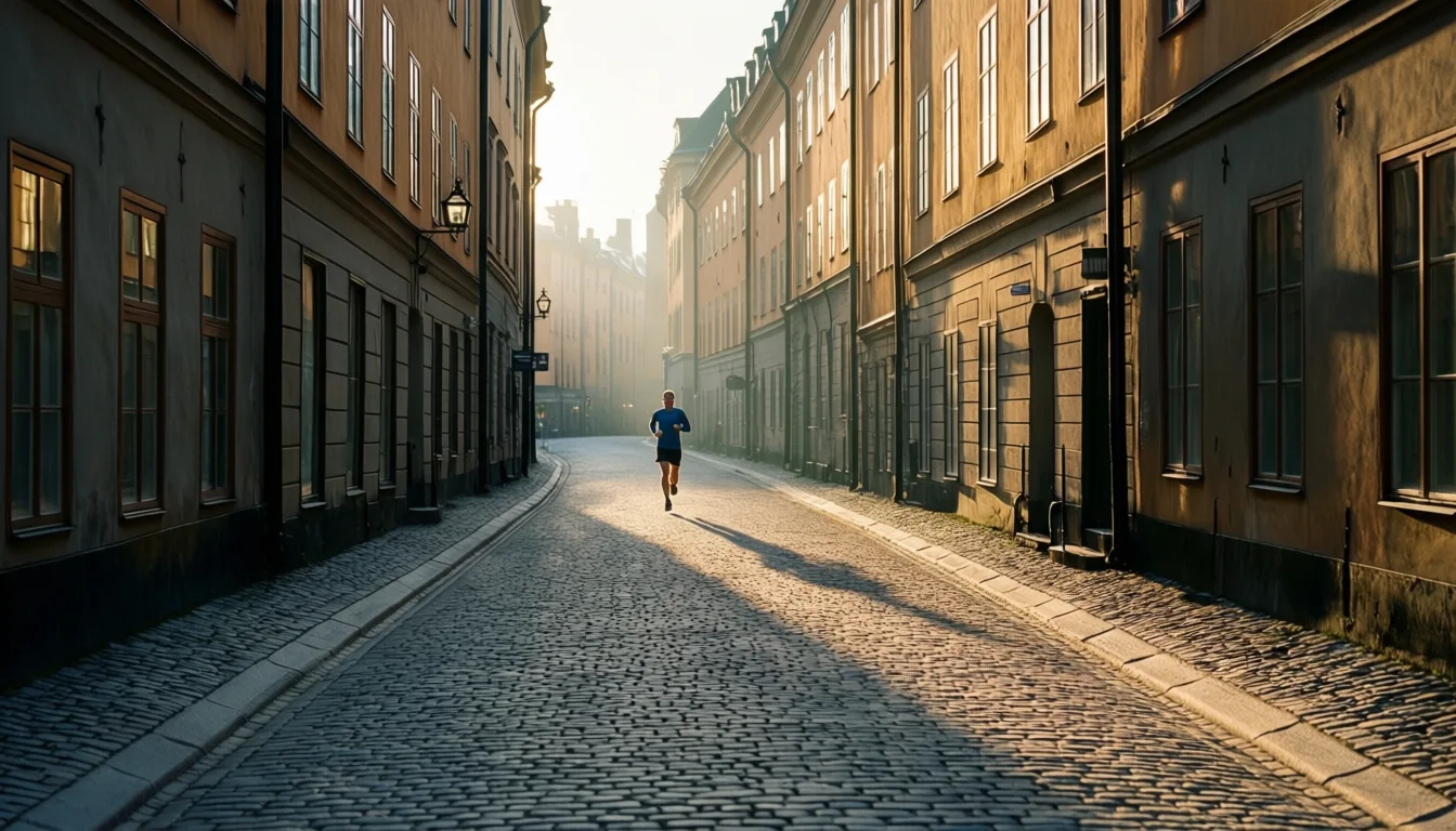 Quiet Stockholm street at dawn with a distant runner
