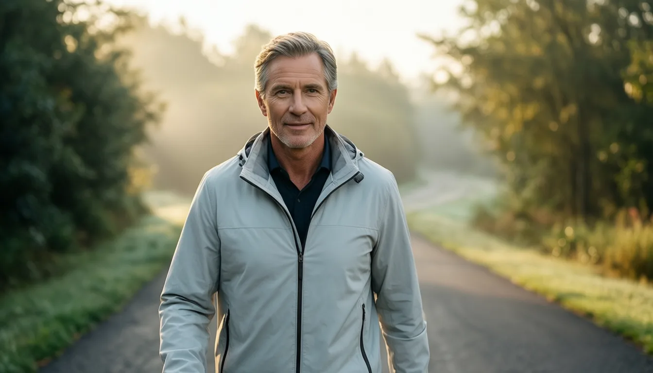 Older man walking briskly on a tree-lined trail at dawn