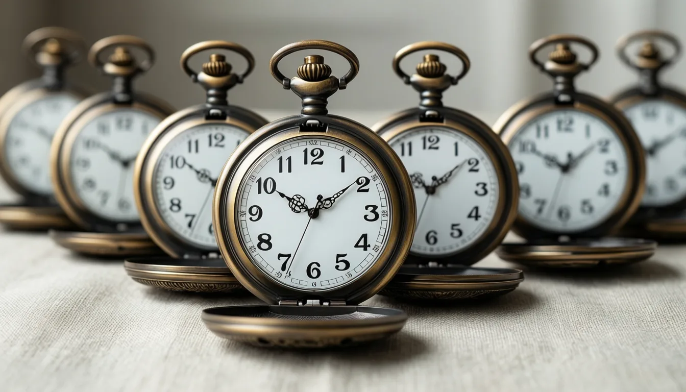Several antique pocket watches arranged in a row, each showing different times