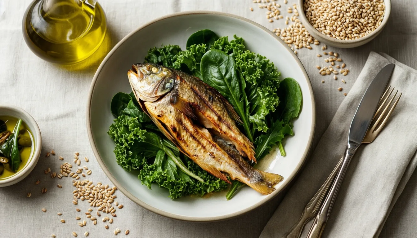 overhead view of a balanced Mediterranean-style plate