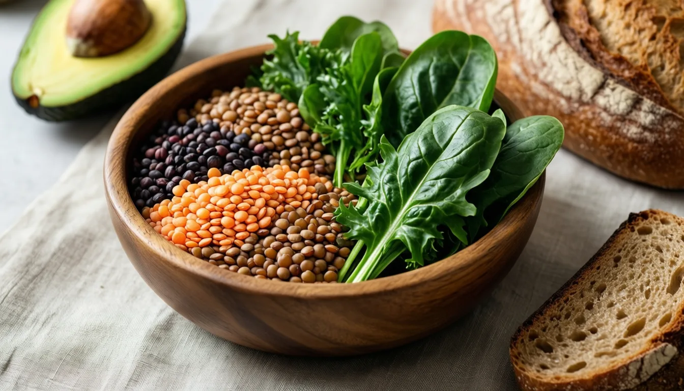 A bowl of lentils and vegetables with bread on linen