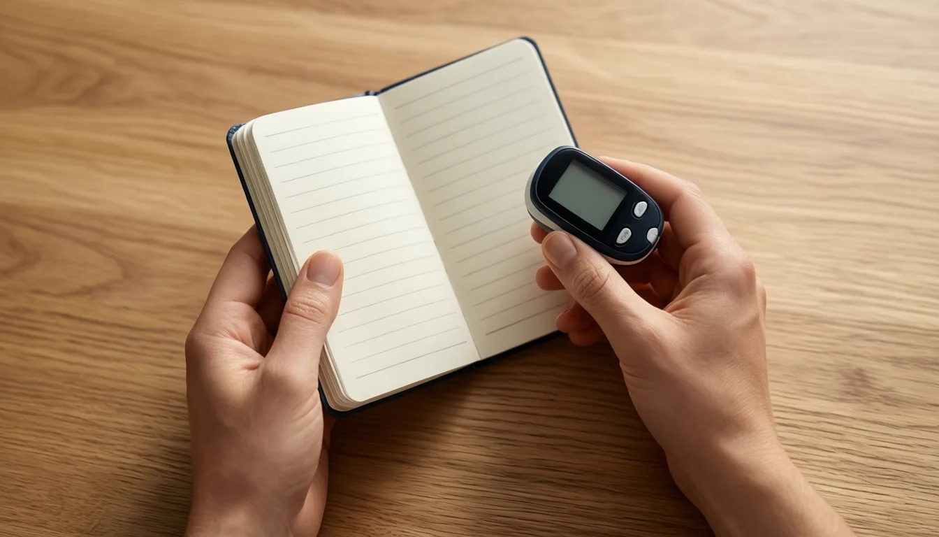 Hands holding a notebook beside a continuous glucose monitor sensor.