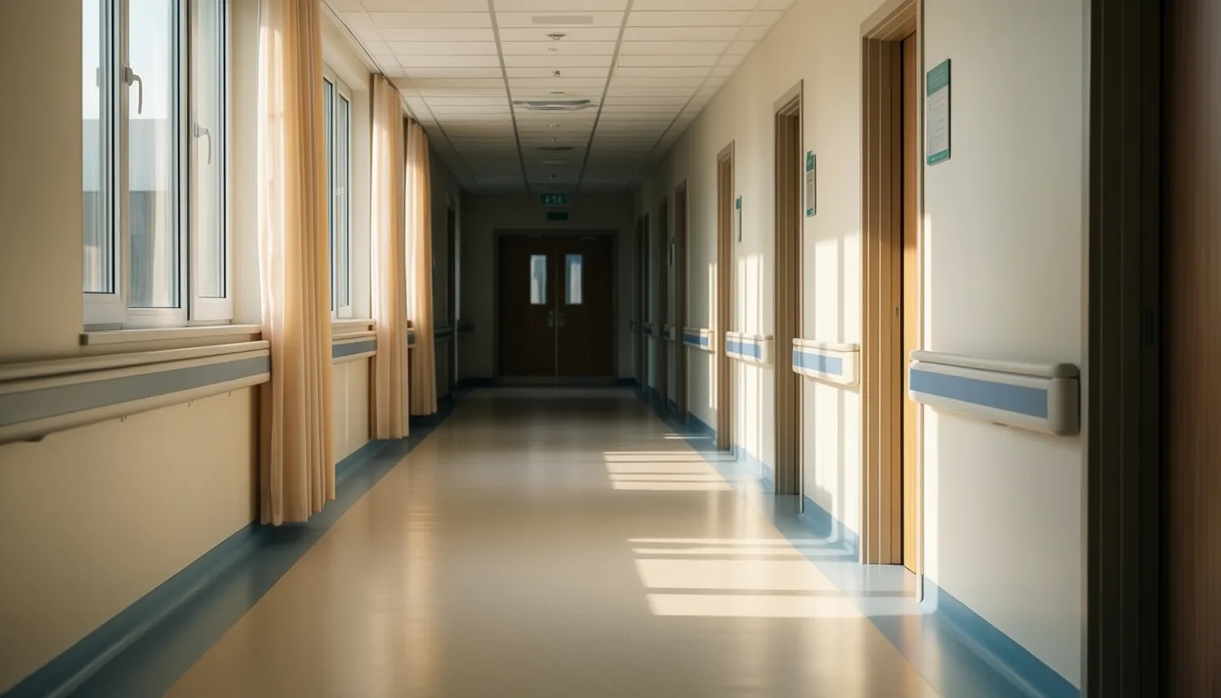 Empty hospital corridor at dawn