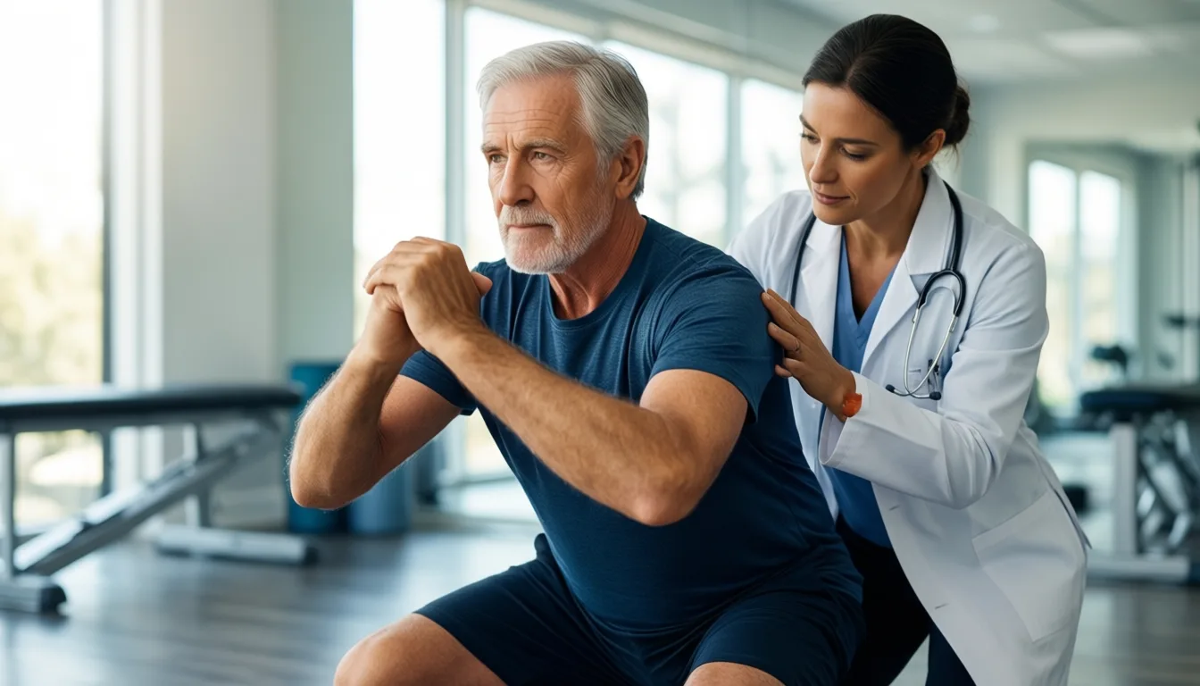 Older man performing a supervised squat with a physical therapist