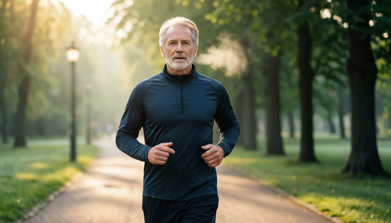 Older man walking briskly outdoors at dawn