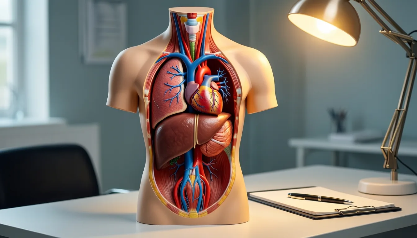 Anatomical model showing liver and heart on a desk
