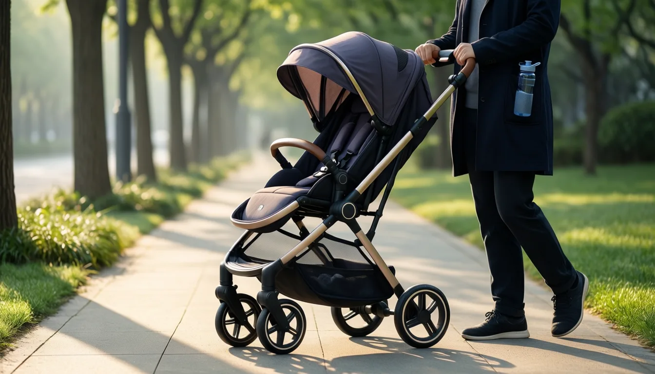 Parent walking with stroller on a tree-lined street