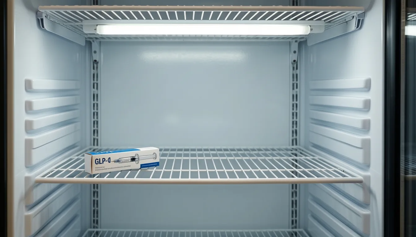 nearly empty pharmacy refrigerator shelf with a single medication box