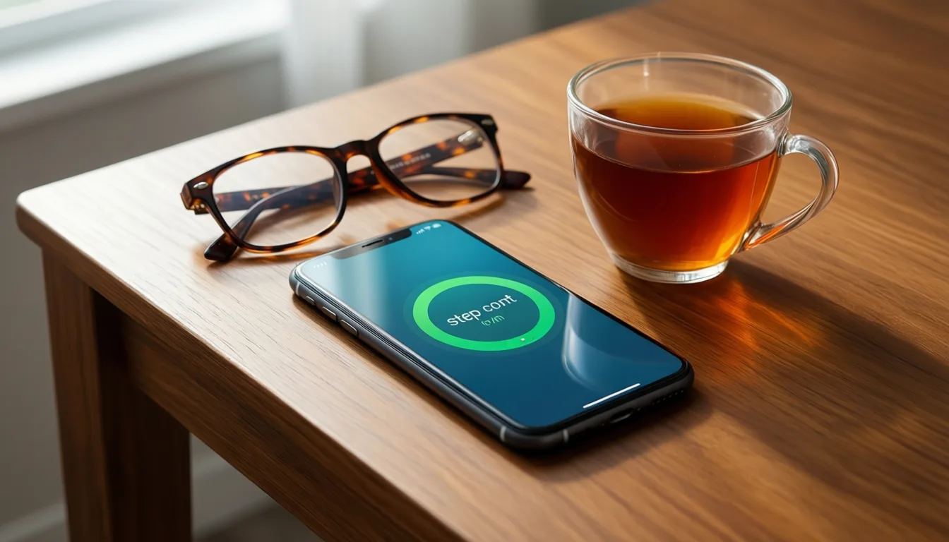 A smartphone on a desk next to reading glasses and a cup of tea.