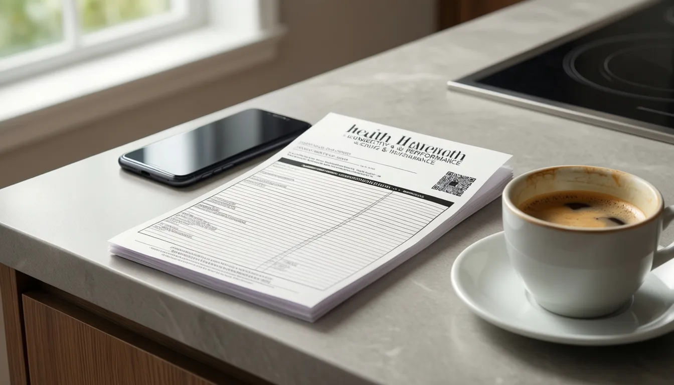 Printed medical referral slip on a kitchen counter beside a phone