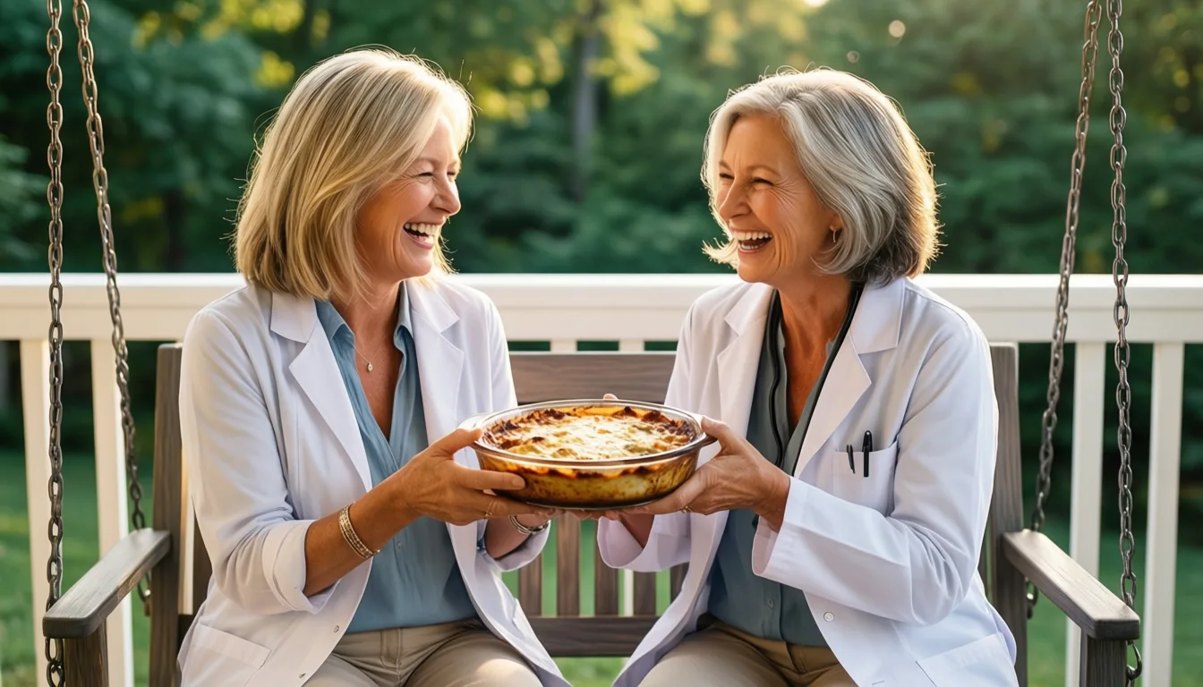 Two older women laughing on a porch, one passing a casserole dish