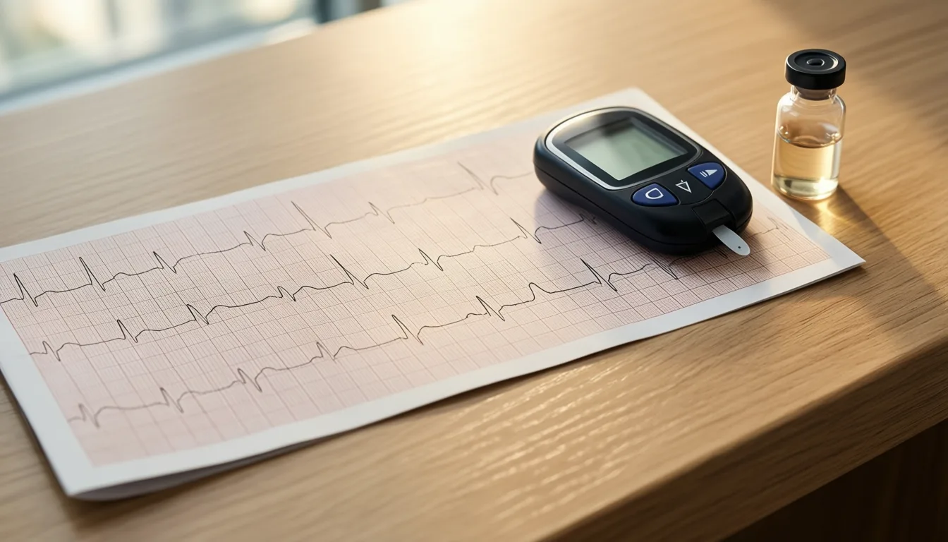 ECG printout and glucose meter on a desk