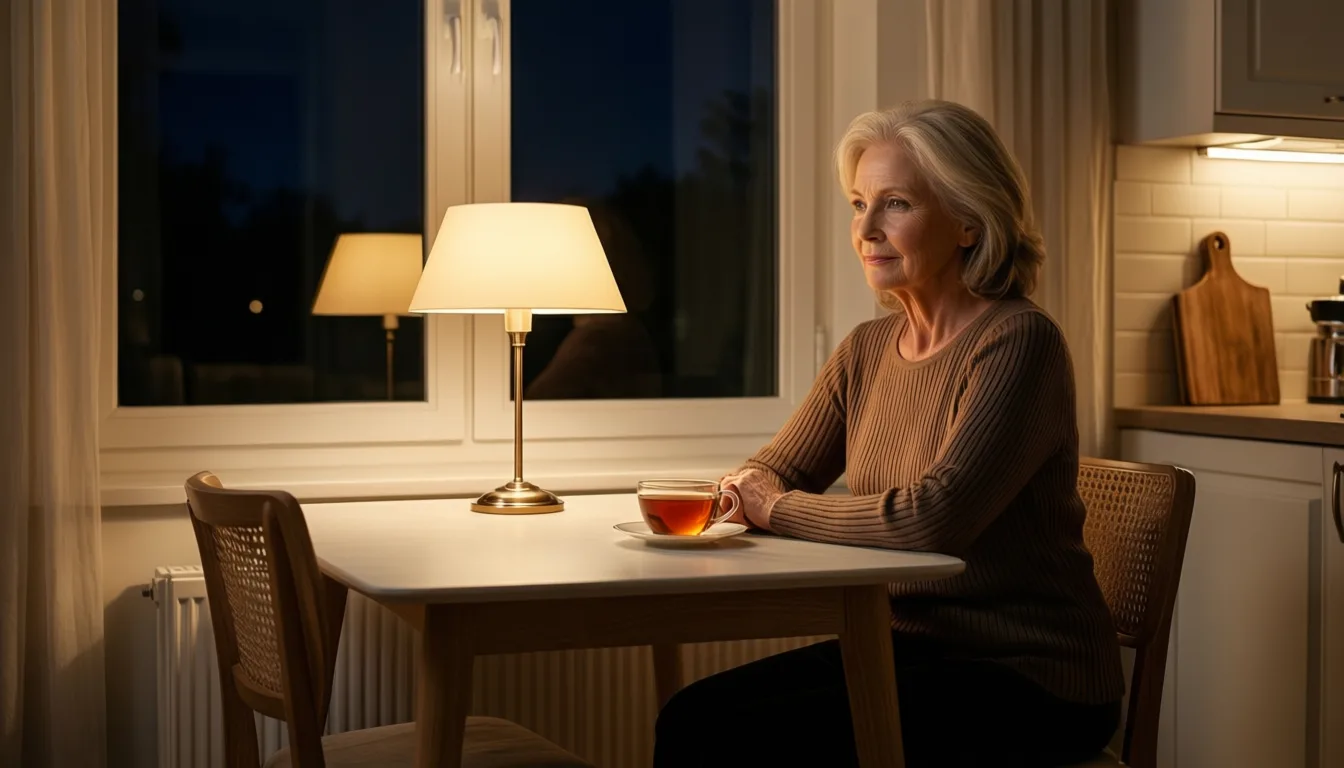 An older woman sitting alone at a kitchen table at night
