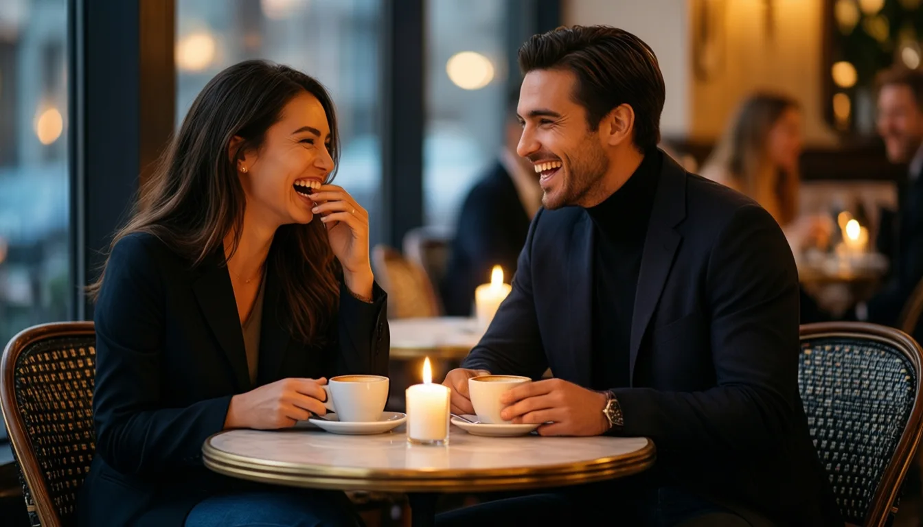 Two friends laughing over coffee in the evening