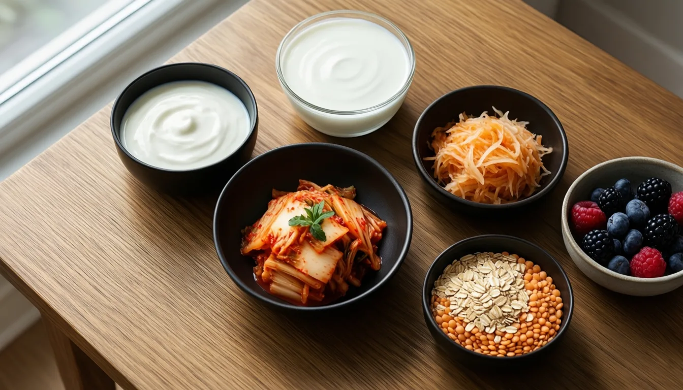 A spread of fermented foods and high-fibre staples on a wooden table