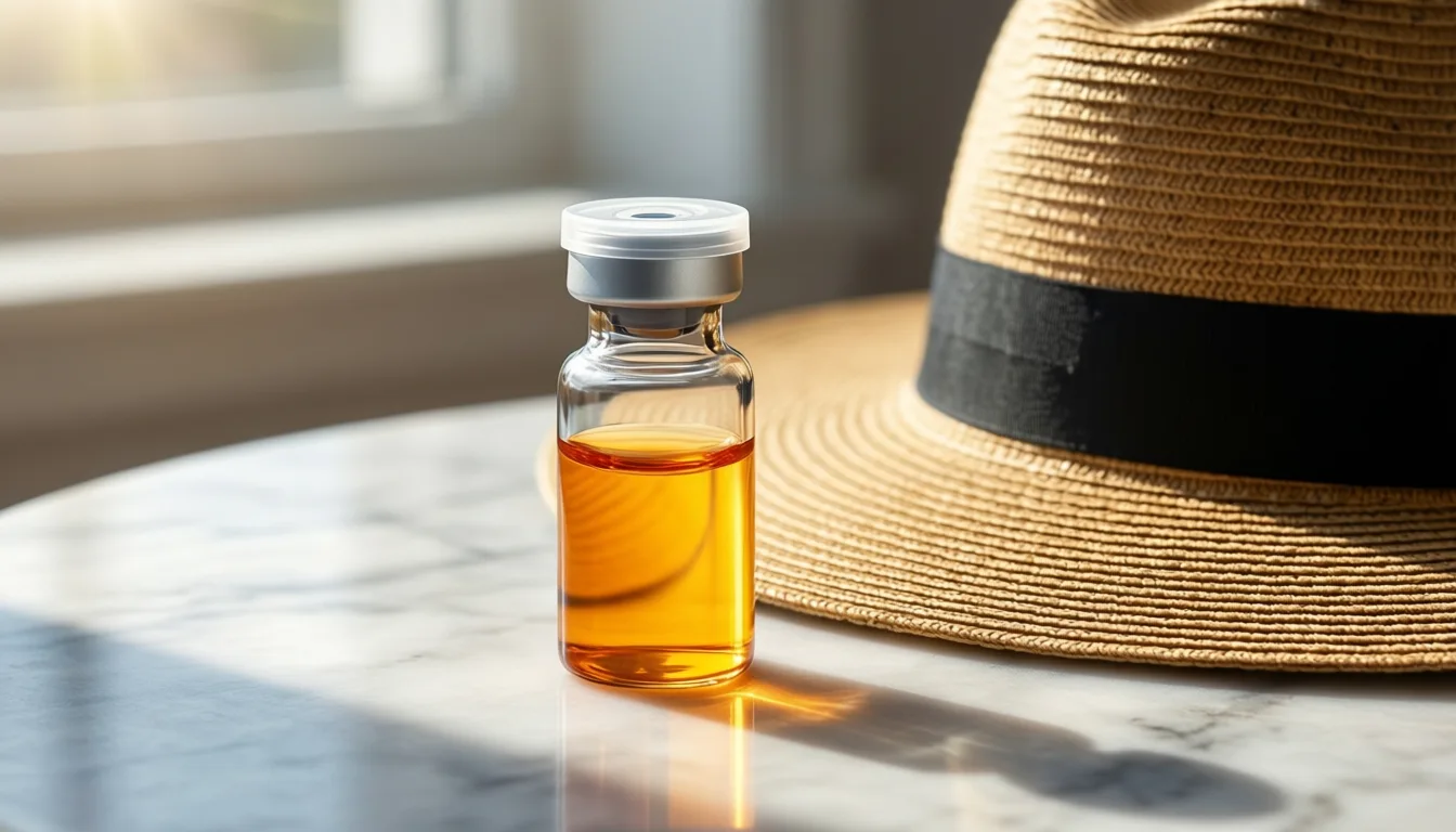 sunscreen vial and hat on marble in morning light