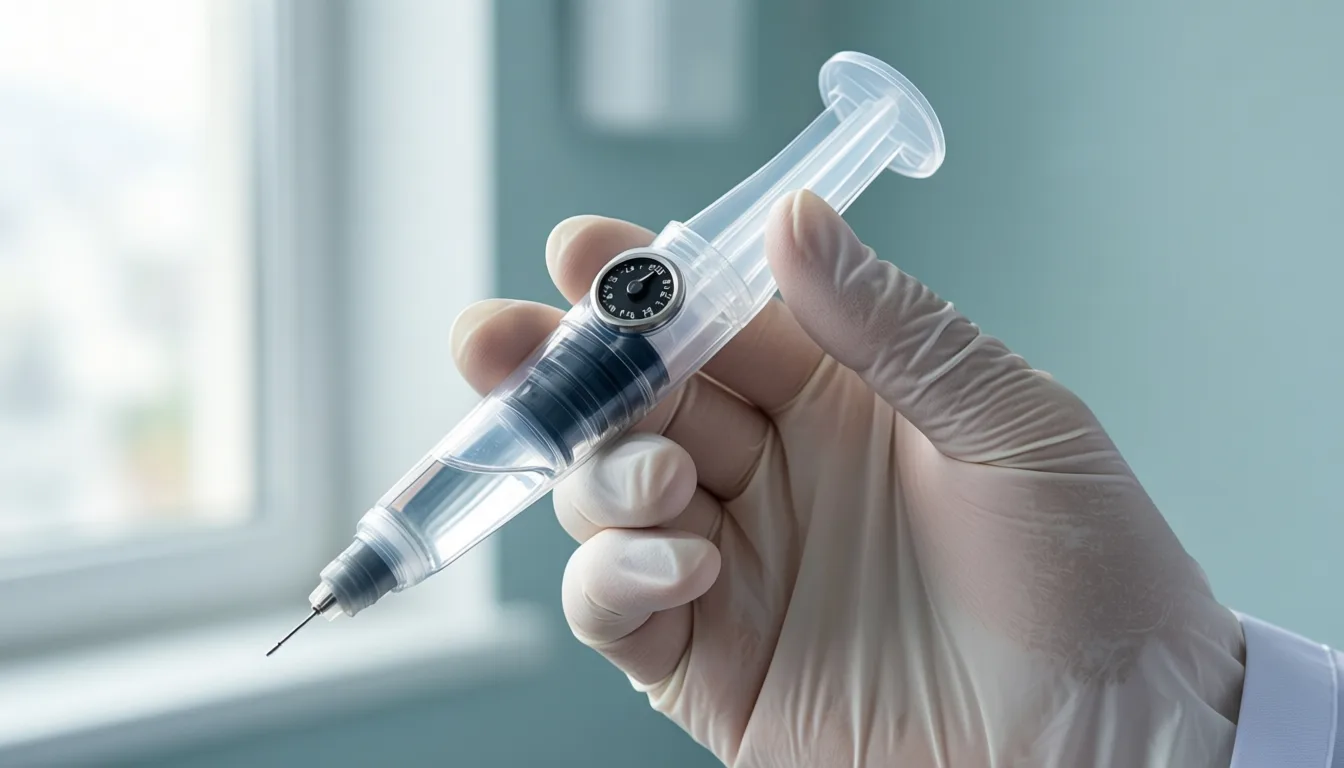 A clinician's gloved hand holding a weekly injectable pen device