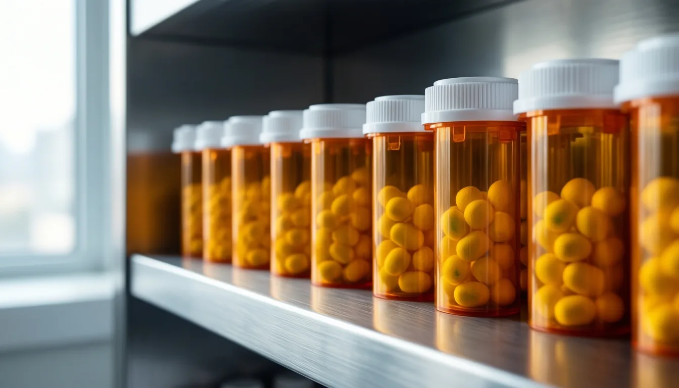Prescription bottles arranged on a pharmacy shelf