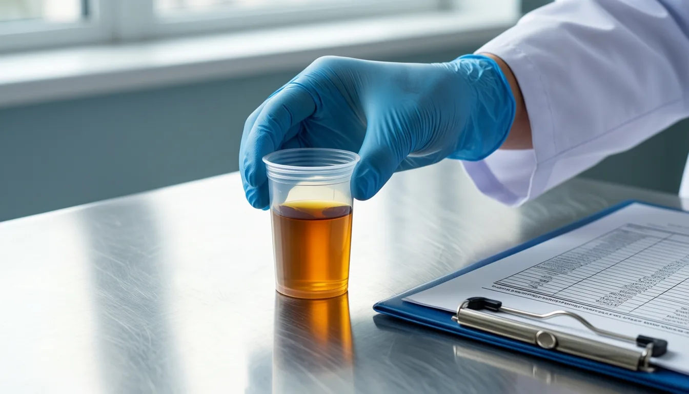 Lab technician handling a screening sample beside printed lab results