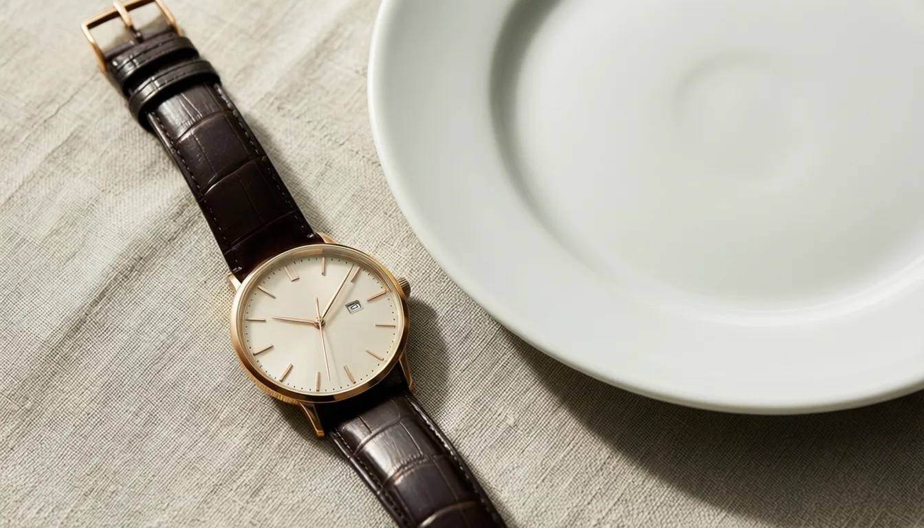 A wristwatch next to an empty plate on a linen-covered table.
