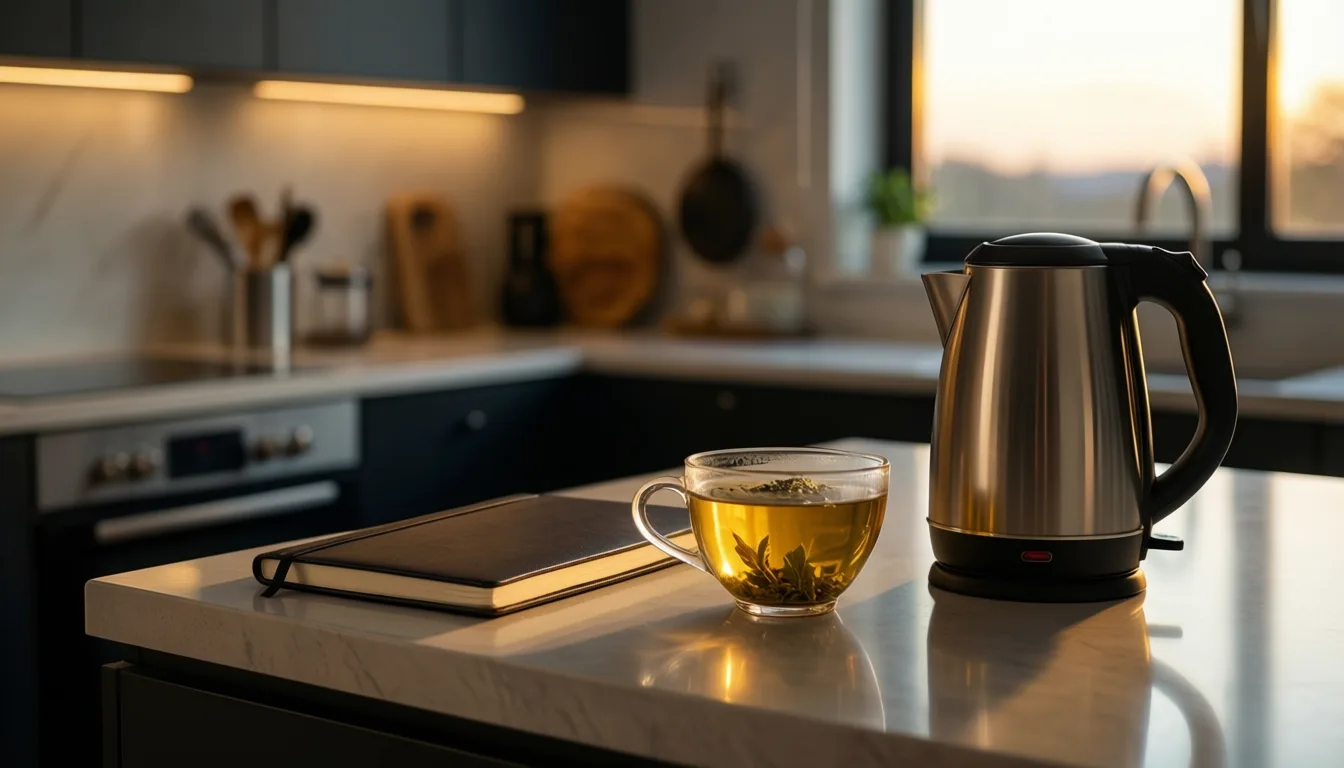A kettle and cup of tea on a kitchen counter beside a closed notebook.