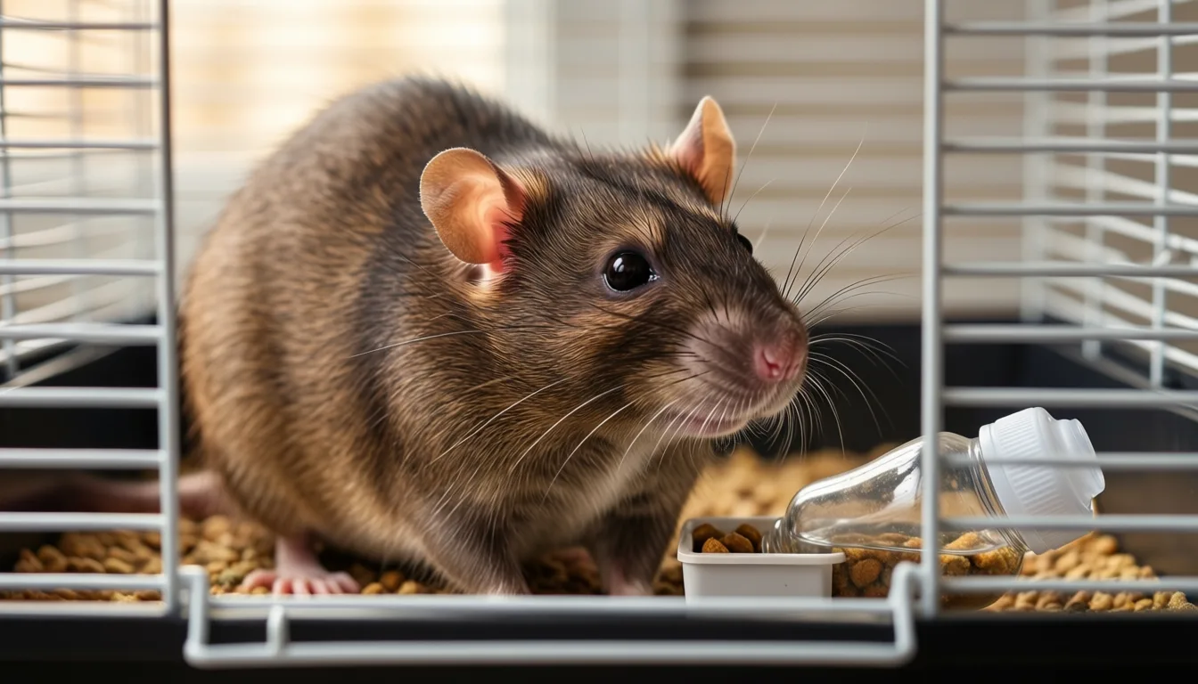 A laboratory rodent enrichment cage with feeding equipment under soft warm light.