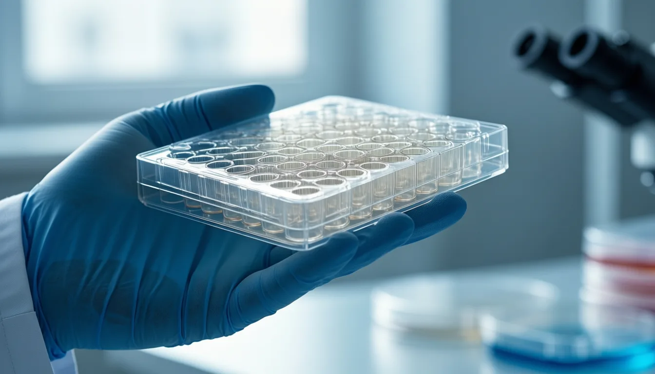 A gloved hand holds a multi-well cell culture plate in a laboratory setting.
