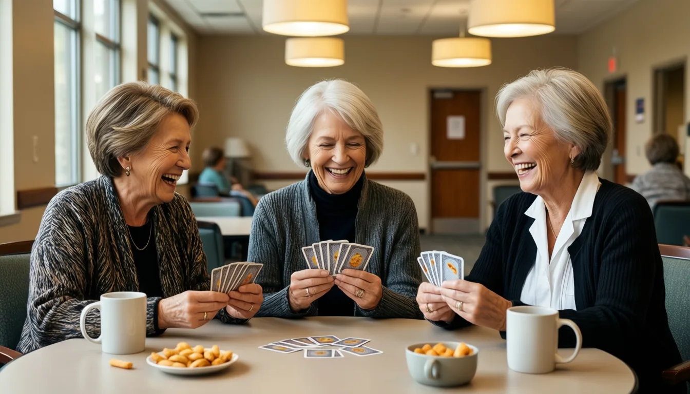 Three older women playing cards and laughing at a community center
