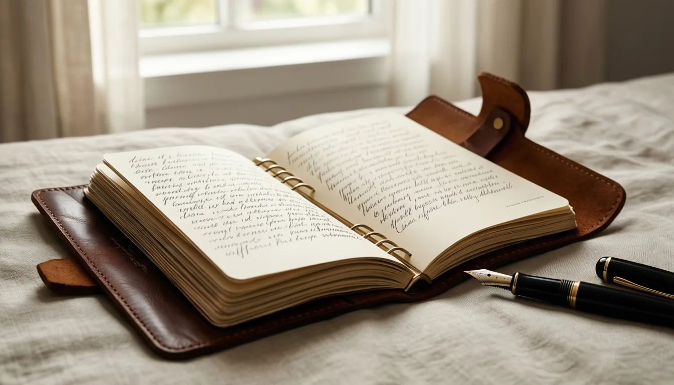 An open journal and pen on a bed in soft light