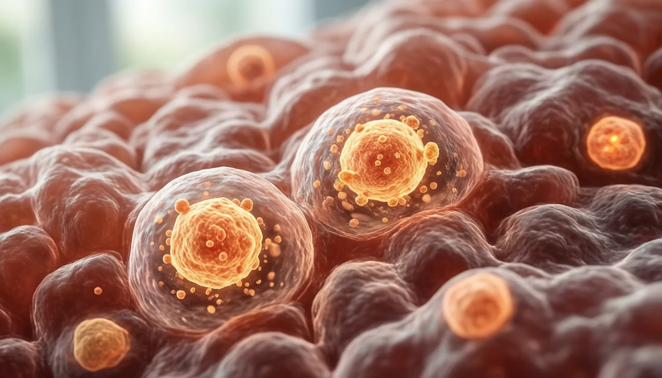 Stylized microscope image of bone tissue with highlighted senescent cells
