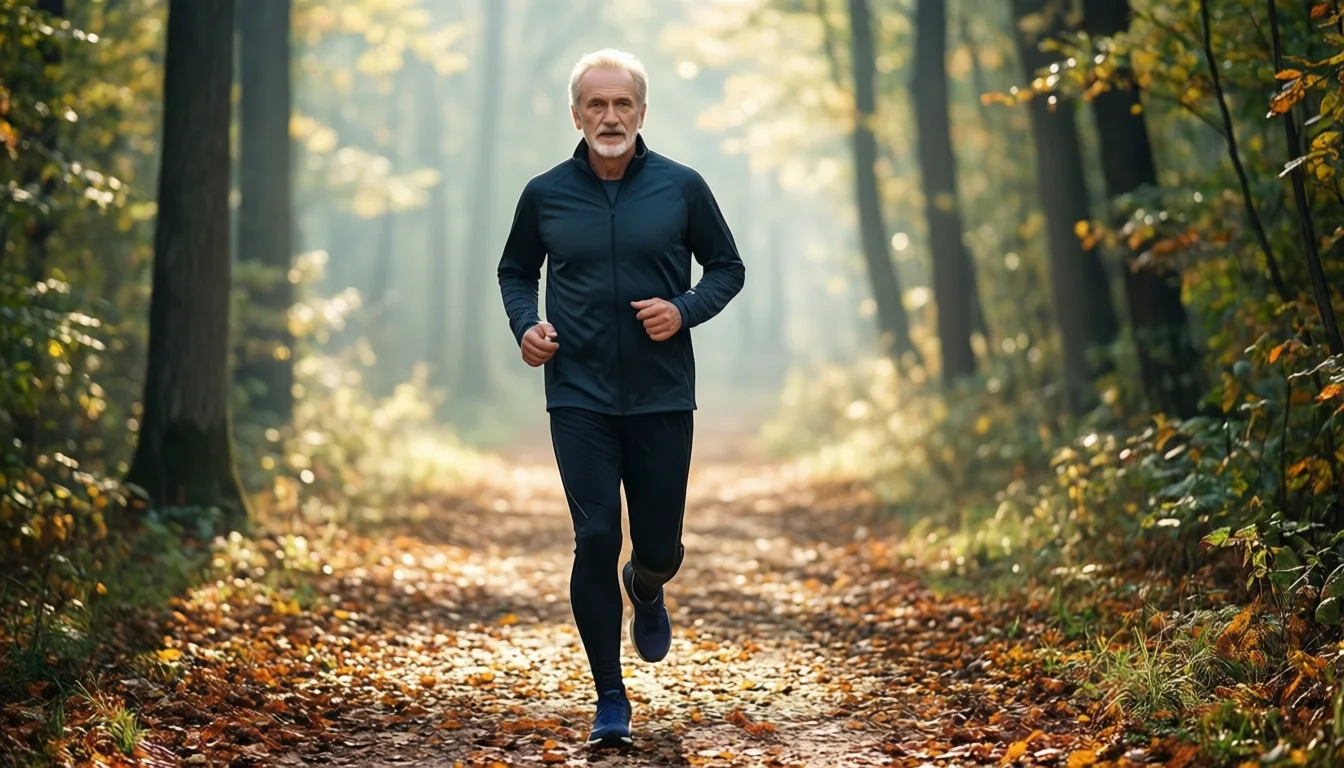 An older man walking on a wooded trail in early morning light