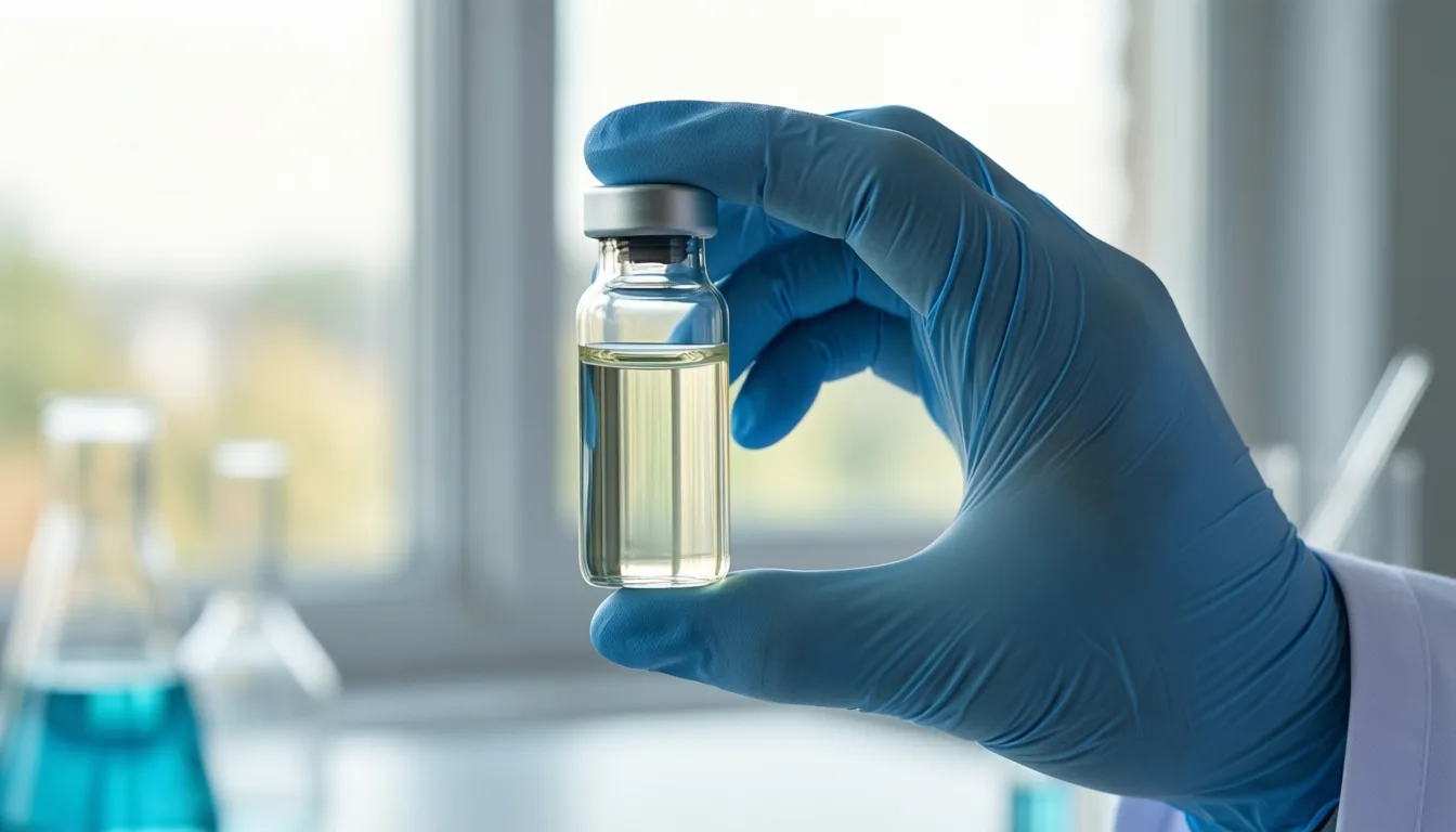 A gloved hand holding a small vial of clear liquid in a research lab
