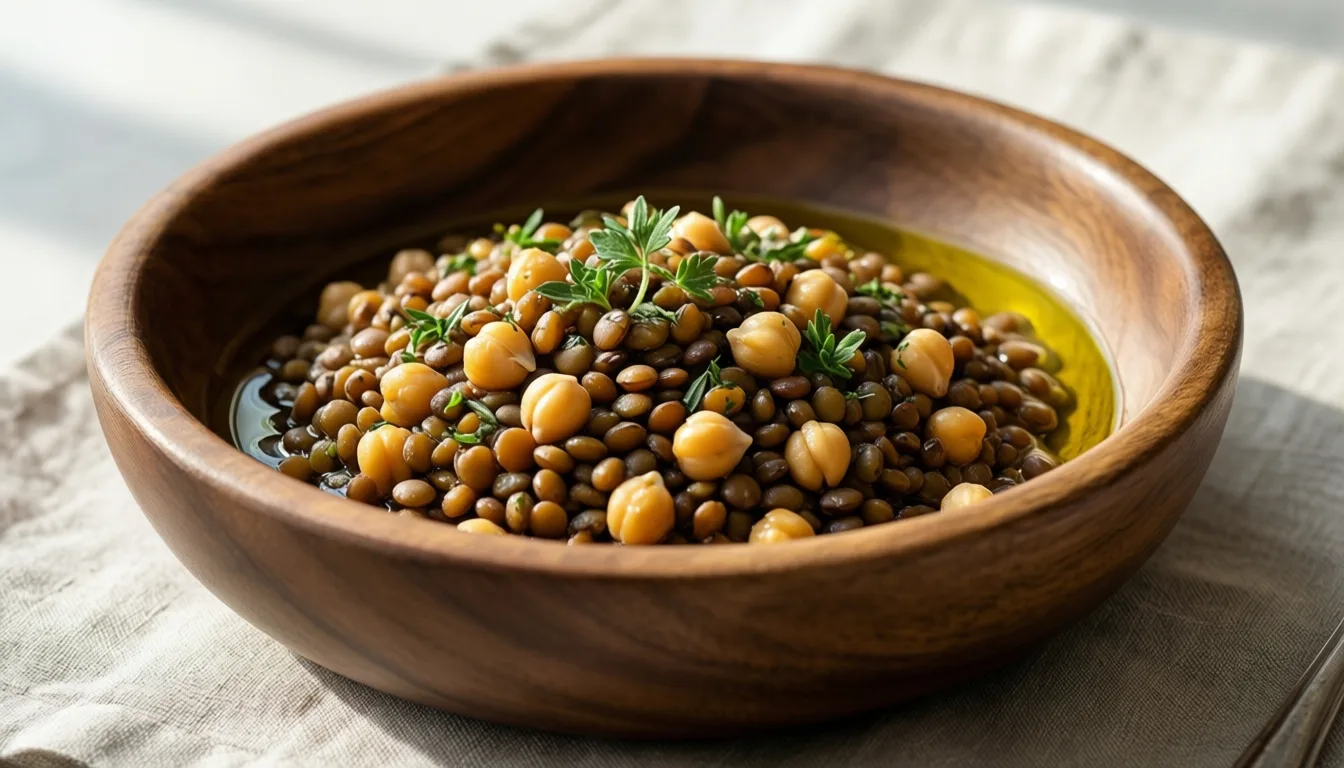 A bowl of lentils, chickpeas and herbs with olive oil