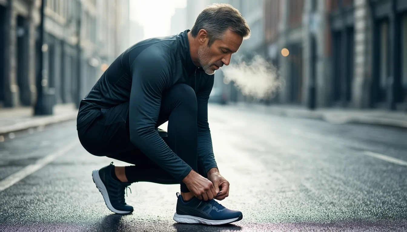 A middle-aged runner crouches to tie a shoe on a cool city morning.