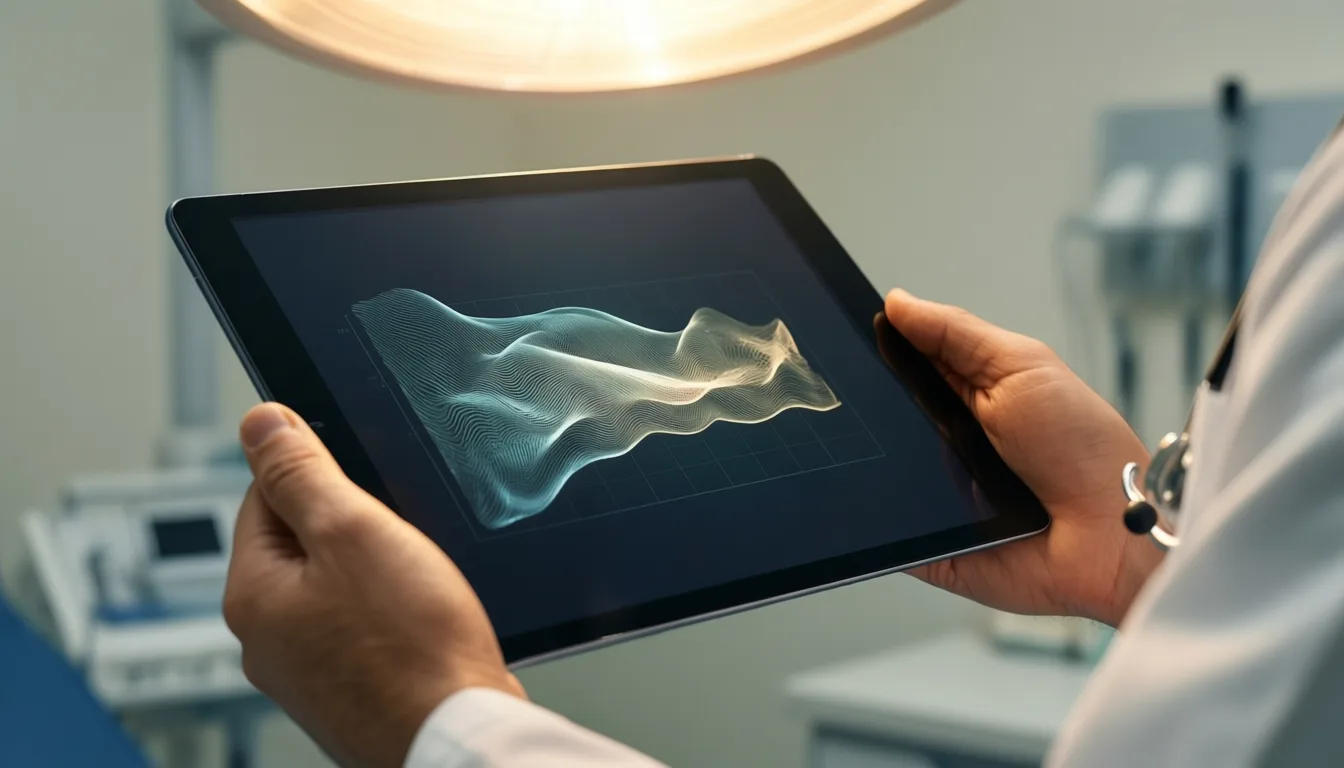 A clinician reviews a lipid panel on a tablet.