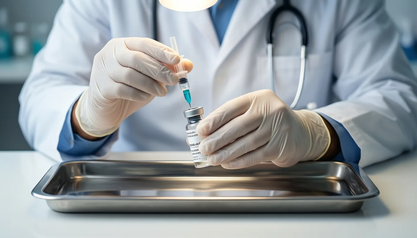 Gloved hands preparing a single-dose vaccine vial